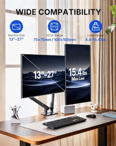 HUANUO FlowLift Pro Dual Monitor Mount for 13–27" Screens, MechaSpring Monitor Stand, Adjustable Monitor Arms for 2 Monitors with Tilt/Swivel/Rotation, Tool-Free VESA Mount, Max Load 15.4 lbs