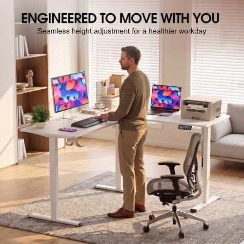 Furmax 63 x 48 Inch L Shaped Standing Desk with 2 Preset Heights, Electric Height Adjustable Computer Table, 2 Hooks & Feet Balance, Corner Sit Stand Desk for Home Office (White, 63 x 48 Inch)