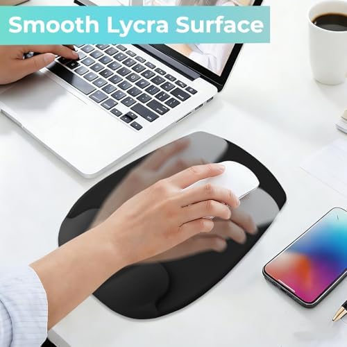 Mouse Pad with Wrist Rest Support, Ergonomic Mousepad with Comfortable Gel Cushion, Gaming Mouse Pad with Smooth Lycra Surface & Non-Slip PU Base, for Home Office Computer Laptop, Black