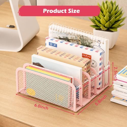 Mail Organizer Countertop, Metal File Holder with 5-Slot, Small Desk File Organizer for Letter, Bill, Mail Sorter, Desktop Letter Folder Holders for Office, Home, School (Pink)
