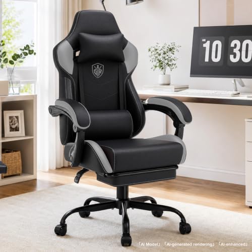 GTPLAYER Gaming Chair with Footrest, High Back Computer Chairs for Adults with Linkage Armrest Lumbar Support Heavy Duty 350lbs Ergonomic Swivel PC Game Chair for Office, Grey