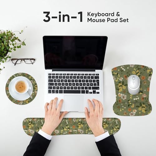 Ergonomic Memory Foam Keyboard Mouse Pad Set with Wrist Rest Support,Non-Slip Hand Wrist Cushion for Laptop/Notebook/Desktop/Computer/Gaming/Office,Easy Typing& Pain Relief (Flowers)
