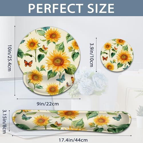 Sunflowers Keyboard Wrist Rest Pad Ergonomic Mouse Pad Set,Butterfly 3 in 1 Memory Foam Mouse Pad with Non Slip Base for Office and Home