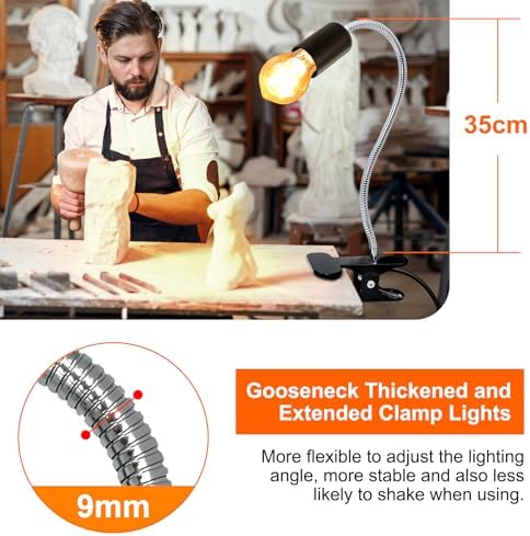 Clip-on E26/E27 Clamp Light Socket with 220 CM Cable, 360 Rotatable Flexible Desk Lamp, 9MM & 350MM Thickened Lengthened Gooseneck, Metal Base, for Bedside