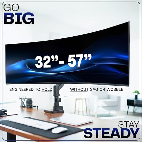 VIVO Aluminum Ultrawide Monitor Stand, Classic, Fits up to 57 inch Computer Screens, Single Articulating Pneumatic Arm, C-Clamp and Grommet Desk Mount, Max VESA 100x100, Black, STAND-V111H