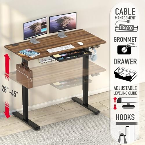 SHW 48-Inch Electric Height Adjustable Standing Desk w/Drawer, Walnut