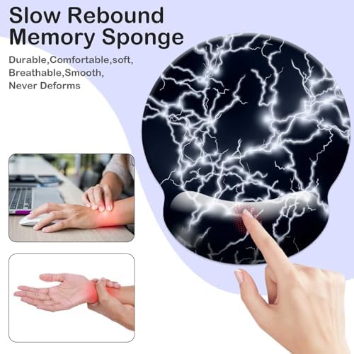 Gaming Mouse Pad Wrist Support,Ergonomic Mouse Pad with Wrist Rest,Comfortable Mousepad with Smooth Wrist Rest,Pain Relief Mouse Pads for Non-Slip Base,Computer,Laptop,Office，Home（Black Lightning）