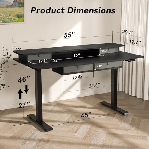 FiCiHi 55x30Inch Standing Desk with Drawers,Electric Height Adjustable Desk