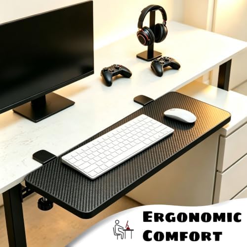 Foldable Desk Extender 25" x 9.45" Ergonomic Computer Table Clamp On Extension Arm Support Keyboard Tray for Square Tabletop (Carbon Fiber Pattern)