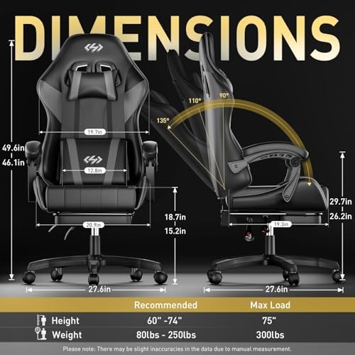 HLDIRECT Gaming Chair with Footrest, Lumbar Support & Headrest, Black&Grey