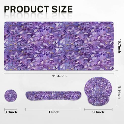 Britimes Keyboard Mouse Pad Set, 4 in 1 Desk Mat Set, Purple Leaves Oil