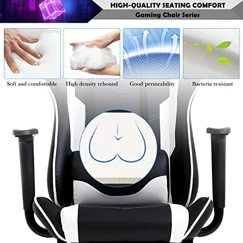 White Massage Gaming Chair with Footrest, PU Leather Gaming Chairs for Adults, High Back Office Chair Ergonomic Desk Chair Computer Chair, Reclining Gamer Chair, Height & Backrest Adjustable, 300 Lbs