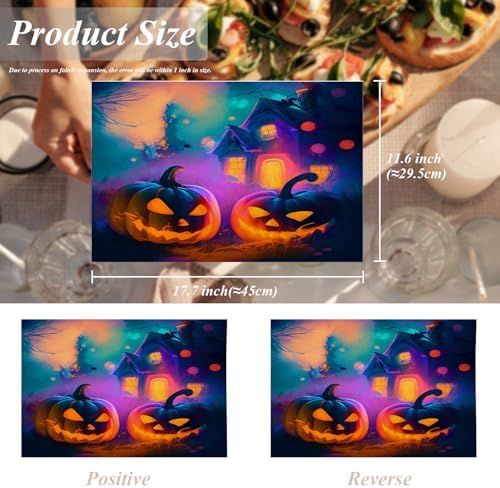 Shrahala Halloween Jack O Lanterns Set Of 4 12 X 18 Inch Linen Placemats , House In Magical Misty Burlap Table Mat Washable Double Layered Heat Insulation For Indoor/Outdoor