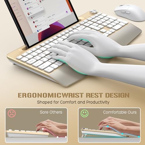GAMCATZ Ergonomic Wireless Keyboard and Mouse with Wrist Rest，Phone Holder - 2.4GHz Full-Sized Low-Profile Quiet Gold Wireless Mouse and Keyboard Combo for Computer, Laptop, PC, Mac-Gold