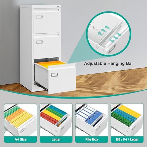 SISESOL 3 Drawer File Cabinet with Lock and Tag,Narrow Three Drawer Filing Cabinet,Vertical Metal File Cabinets,Small White Filing Cabinets for Home Office Fit Letter/A4/Legal Size File,Easy Assembly