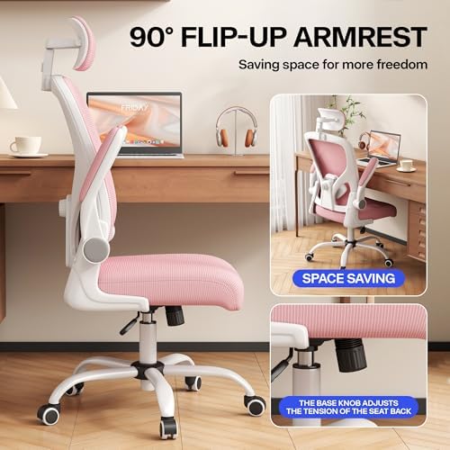 Office Chair, Ergonomic Desk Chair with Adjustable Lumbar Support, High Back Mesh Computer Chair and Headrest, Comfortable Gaming Chairs Rolling Swivel Task Chairs Flip-up Arms(Pink)