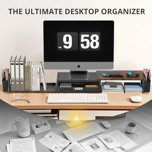 OPNICE Desk Organizers and Accessories, Dual Monitor Stand Riser with Drawer and 2 Pen Holders, Desk Shelf Printer Stand for Office Workspace Organizers, Desktop Organization (Rustic Brown)