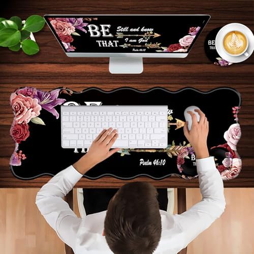 Mouse Pad with Wrist Support + Desk Mat + Coaster 3 in 1 Set, XL Large Gaming Mousepad Ergonomic Mouse Pads for Desk Computer Laptop Office,Bible Verse Psalm 46-10 Adorable Peony Flower