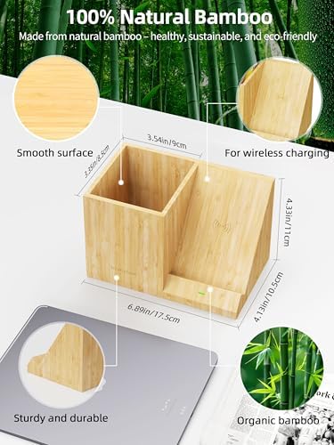 Bamboo Pen Holder for Desk with Wireless Charger, Desktop Organizer
