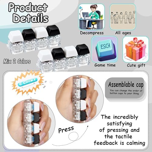 2 Psc Keyboard Fidget Toy, Keyboard Fidget Keychain 4-in-1 Keyboard Decompression Button Finger Clicker Toys, Button Stress Relief Fidget Gifts for Adult to Relief Stress (Black+White)