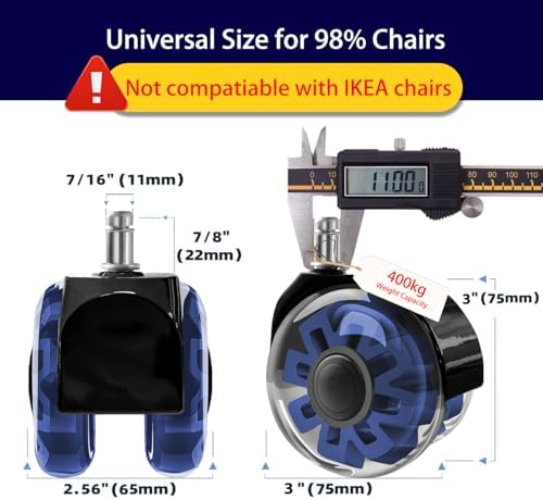 Hirate 3 inch Office Furniture Casters 7/16 inch Stem Dual Rubber Wheel