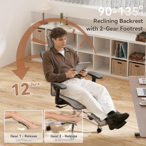 GABRYLLY Ergonomic Office Chair with Adjustable Lumbar Support, 3D Armrests & Headrest, 135° Reclining Chair with Footrest & Large Steel Base,300LBS Swivel Desk Chair(GYMN01-AM)