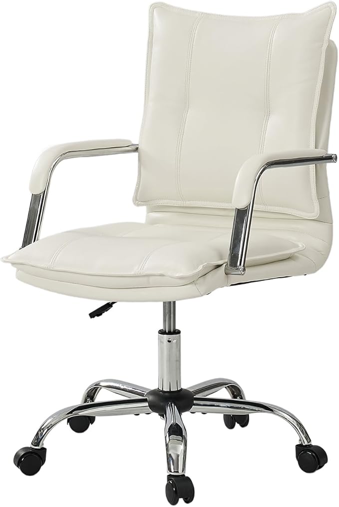 HULALA HOME Faux Leather Home Office Desk Chair, Adjustable Swivel Computer Chair with Sliver Legs and Arms, Comfy Upholstered Task Chair(White)