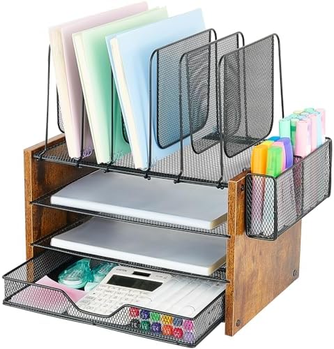 OPNICE Desk Organizer, 4-Tier Desktop File Organizer with Drawer and Pen Holders, Office Desk Accessories, File Sorters, Workspace Organizers for Office Supplies(Brown)