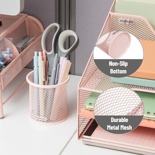Mind Reader Pen and Accessories Holder, Desktop Organizer, Office, Metal Mesh, 3.5"L x 3.5"W x 3.75"H, Set of 3, Pink