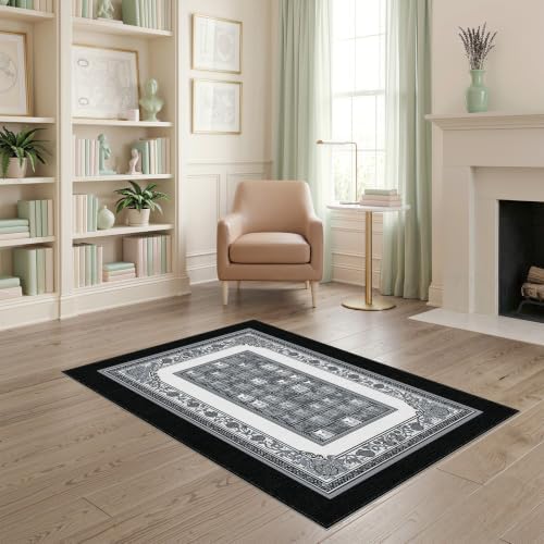 4'x6' Charcoal Gray Cat Motif with Vine Border Washable Area Rug