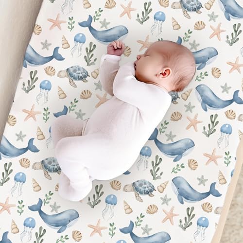Watercolor Ocean Whale Sea Turtle Starfish Seashells Pattern Baby Changing Pad Cover, Unisex Sea Animal Nursery Diaper Changing Table Pad Mat Sheet for Boys Girls-16x32