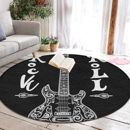 Large Home Decor Mat, Soft Round Yoga Carpet, Non Slip Machine Washable Home Office Circle Rug Rock and Roll Musical Instruments Music Guitar