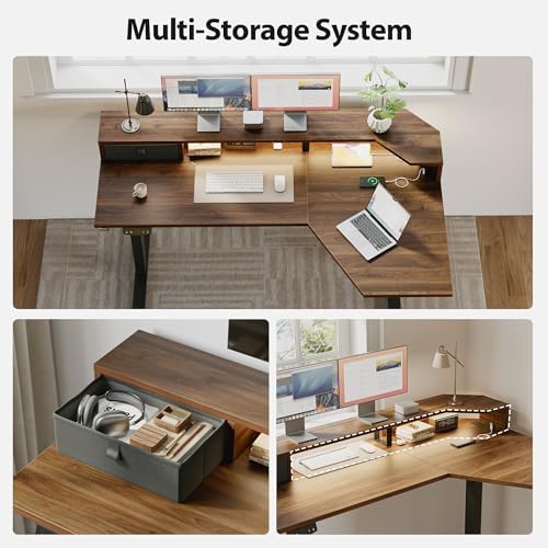 Agilestic 63*35 Inch L Shaped Standing Desk with Shelf & Led&Outlet, Walnut