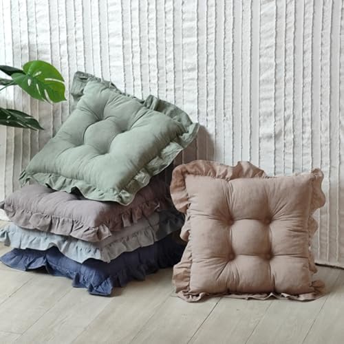 Tufted Cotton Chair Cushions Set of 2 Solid Color Soft Comfort Chair Pads with Ruffles Farmhouse Country Seat Cushions for Kitchen Indoor Dining Room Patio Chairs (Green,17"x17")
