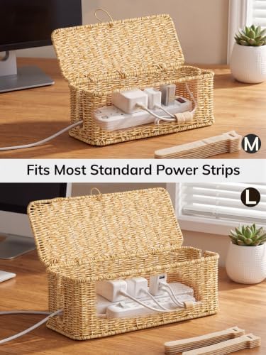Cable Management Box, Cord Organizer with Lid & Cable Ties - Natural, M