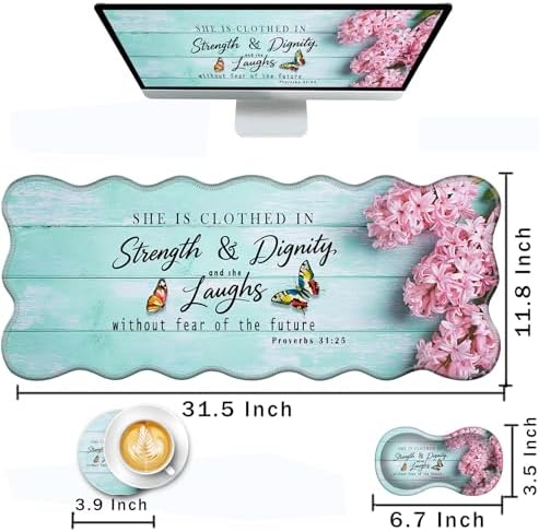 Mouse Pad with Wrist Support + Desk Mat + Coaster 3 in 1 Set, XL Large Gaming Mousepad Ergonomic Mouse Pads for Desk Computer Laptop Office,Pink Hyacinth Bible Verse Proverbs 31-25