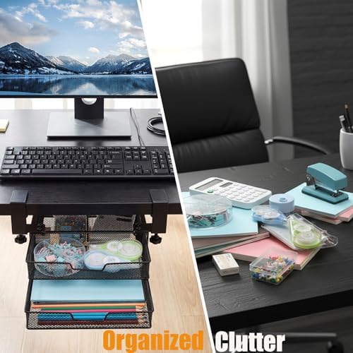 Cedilis Under Desk Drawer Organizer Slide Out, 2-Tier Metal Under Table Storage Drawers Clamp On for Home Office, Black, No Drilling