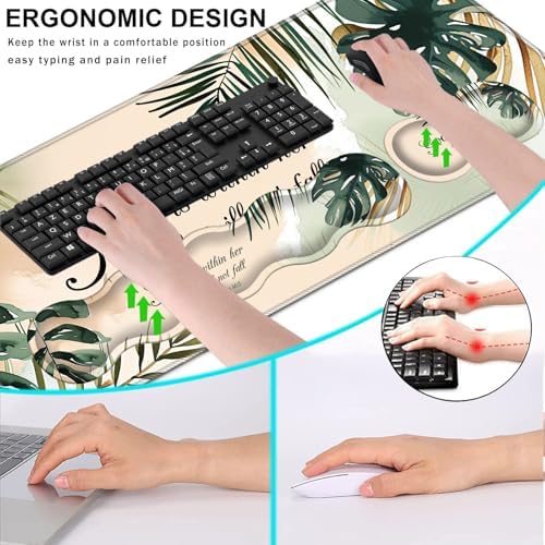 Keyboard Wrist Rest and Mouse Pad with Wrist Support Set Ergonomic Coaster,Memory Foam,Easy Typing Pain Relief,Large XL Desk Mat 31.5"x 11.8",Matcha Green Plant Abstract Bible Verse Psalm 46-5