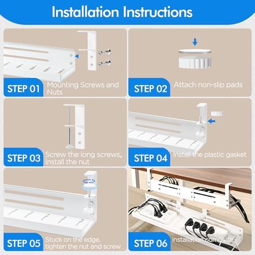 No Drill Under Desk Cable Management Tray, 17”-30” Retractable Cord Organizer for Table, Clamp Mount Wire Basket, Power Strip Holder & Metal Cord Organizer for Office, Home, White