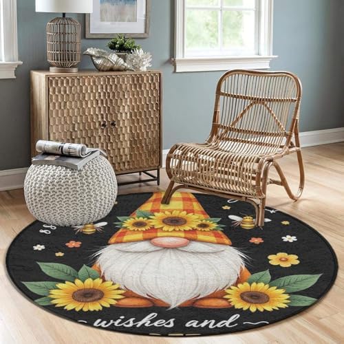 Large Machine Washable Circular Rugs, Home Decor Round Mat for Living Room Sofa Office Sunflower Gnome