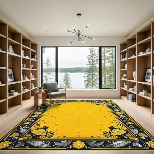 9'x12' Yellow Black Cat Golden Feline Motif Washable Area Rug