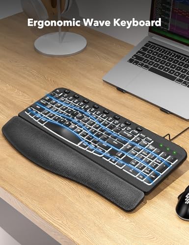 SABLUTE Ergonomic Keyboard, USB Wired with Cushioned Wrist & Palm Rest, 7-Color Backlit Adjustable Brightness for Windows, macOS, Desktop, Laptop & PC