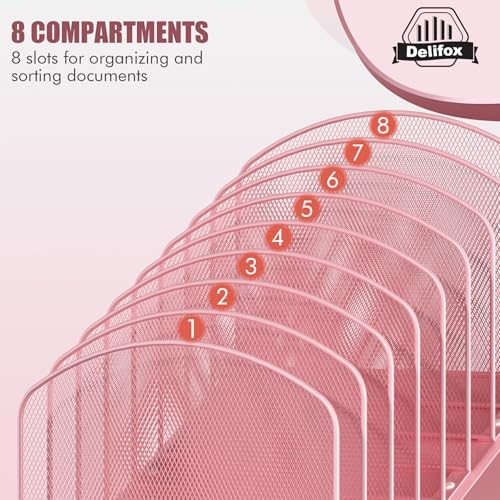 Inclined Desk File Organizer, 8-Section Upright Desk Organizer Standing File Sorter for Office Classroom Desktop Organization (Pink, 8)
