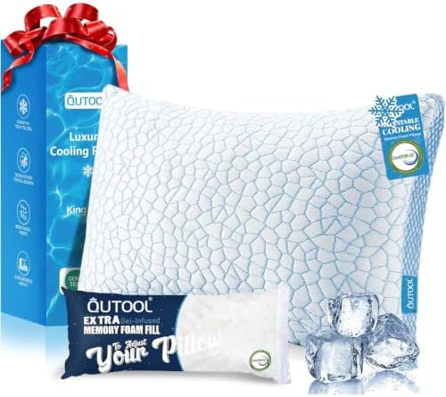 QUTOOL Enhanced Cooling Pillows for Sleeping, CertiPUR-US Shredded Memory Foam Pillows King Size Set of 1 for Hot Sleeper, Adjustable Bed Pillow for Side, Back, Stomach Sleepers Support Yet Soft, Blue