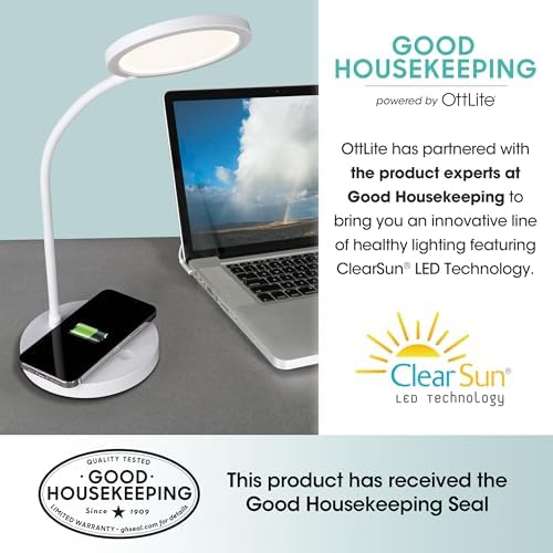 OttLite Good Housekeeping Circular LED Lamp, Wireless Charging, White