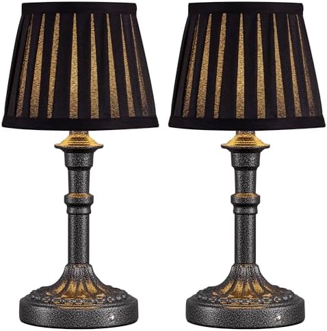 KDG Mottled Silver Cordless Table Lamps Set of 2, Black Fabric Shade Light