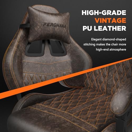 Ferghana Vintage PU Leather Gaming Chair, High Back Gamer Chair with Massage, Ergonomic Computer Office Chair with Footrest for Adults, Racing Style Reclining Video Game Chair Brown