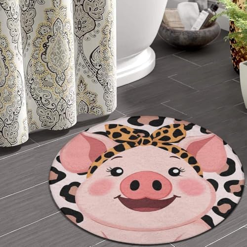 Fashion Round Area Rug Large Non Slip Carpet Unisex Home Decor Mat Cute Pig Leopard Print Pink