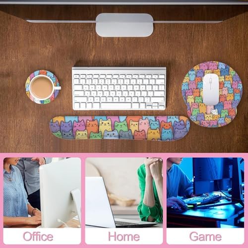 Cute Cat Mouse Pad with Wrist Rest Set, 3-in-1 Wrist Support Mousepad Set, Gaming Mat Pad with Anti-Skid Base,Ergonomic Memory Foam Mouse Pad Set for Women, Office, Typing, Gaming