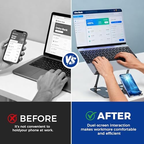 Ergonomic 2-in-1 Laptop Phone Stand for Desk, Adjustable Riser, Sturdy and Portable, Fits All Laptops and Phone（Black）